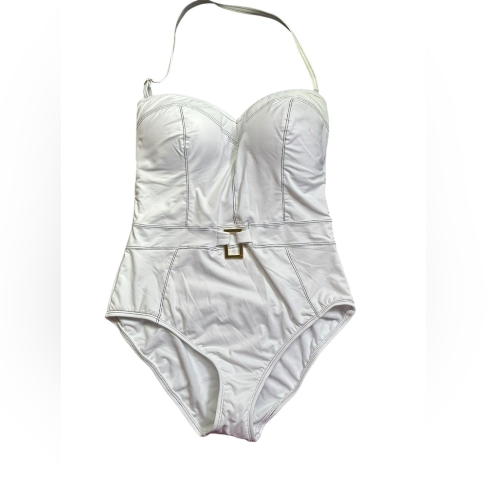 BLEU ROD BEATTIE white Belted one piece strapless Bandeau Swimsuit size 12 NWT